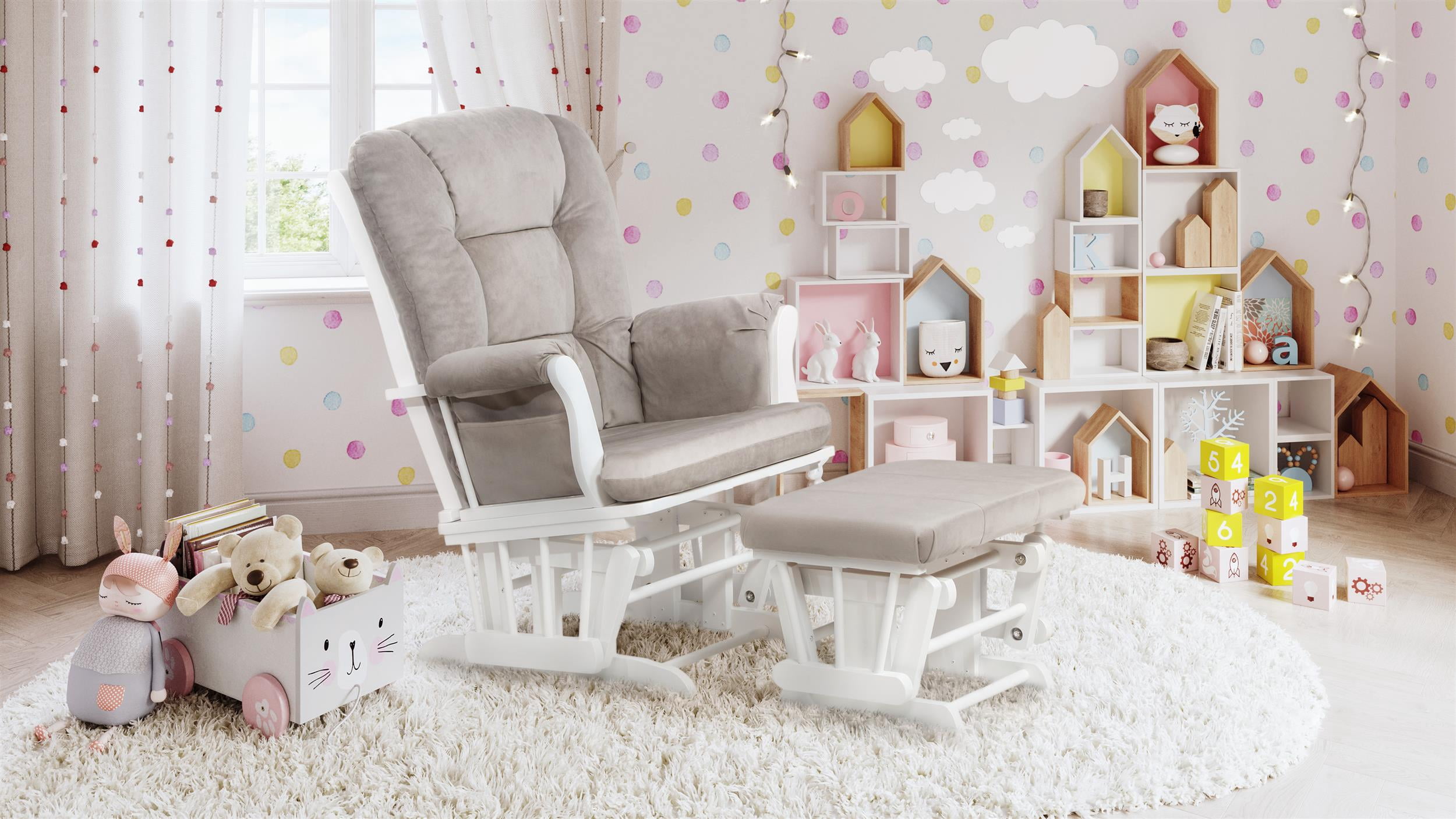 AFG Baby Furniture Kids Modern Comfort Solid Wood Glider Rocking Chair with Ottoman, White