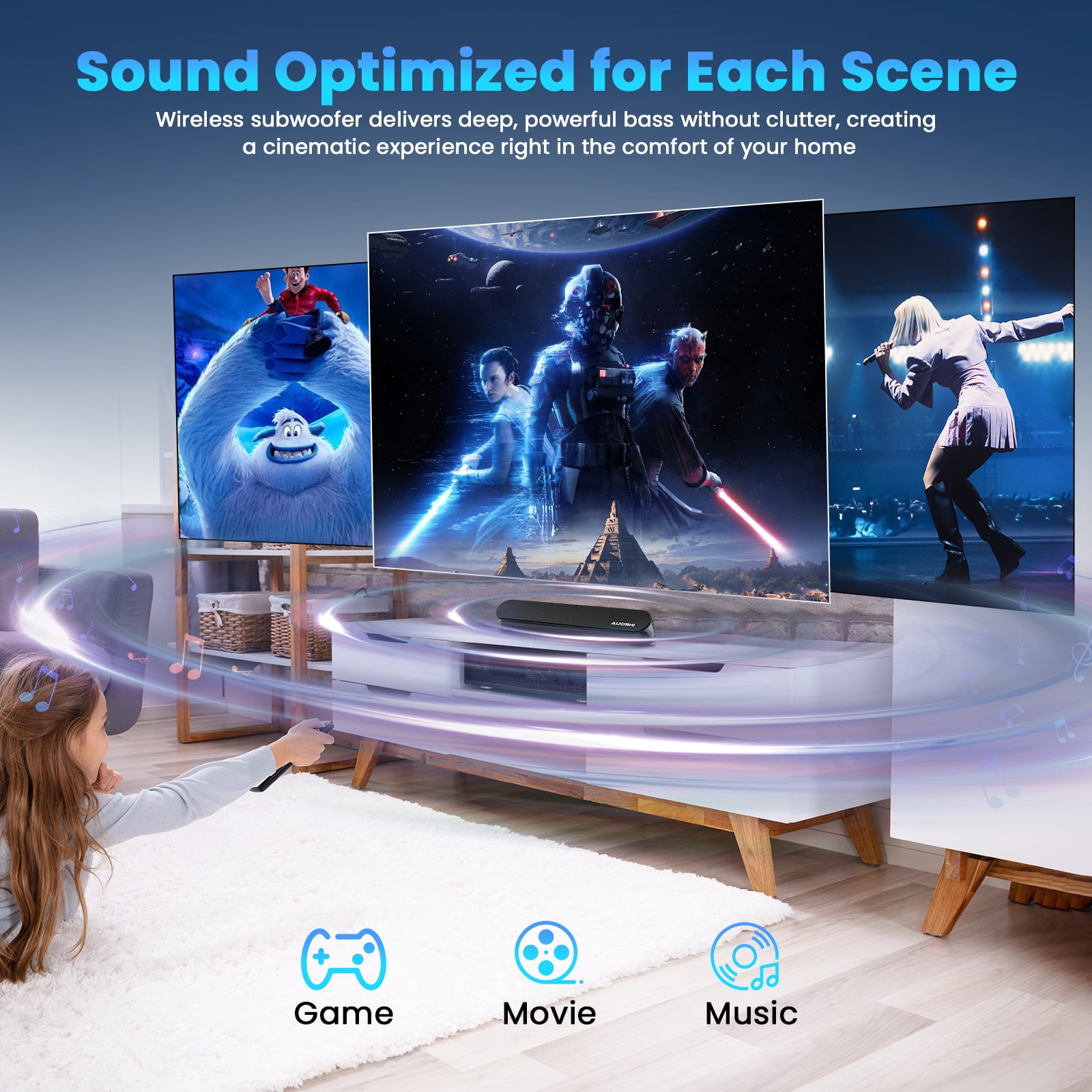 AUOSHI Small Sound Bar for TV, 2.1ch 60+W Compact Soundbar with Built-in Subwoofer, Bluetooth 5.4, 5 EQ Modes, HDMI ARC/Optical/AUX/USB, 16.5 inch