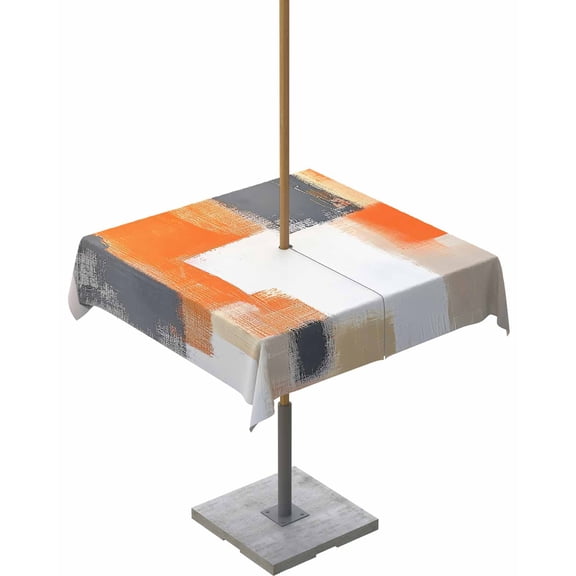 Fsddascl Burnt Orange Gray Outdoor Tablecloth - 54x54 Inch Square Dining Table Cover, Modern Abstract Oil Painted Geometric Waterproof Outdoor Table Cloth with Umbrella Hole & Zipper for Patio