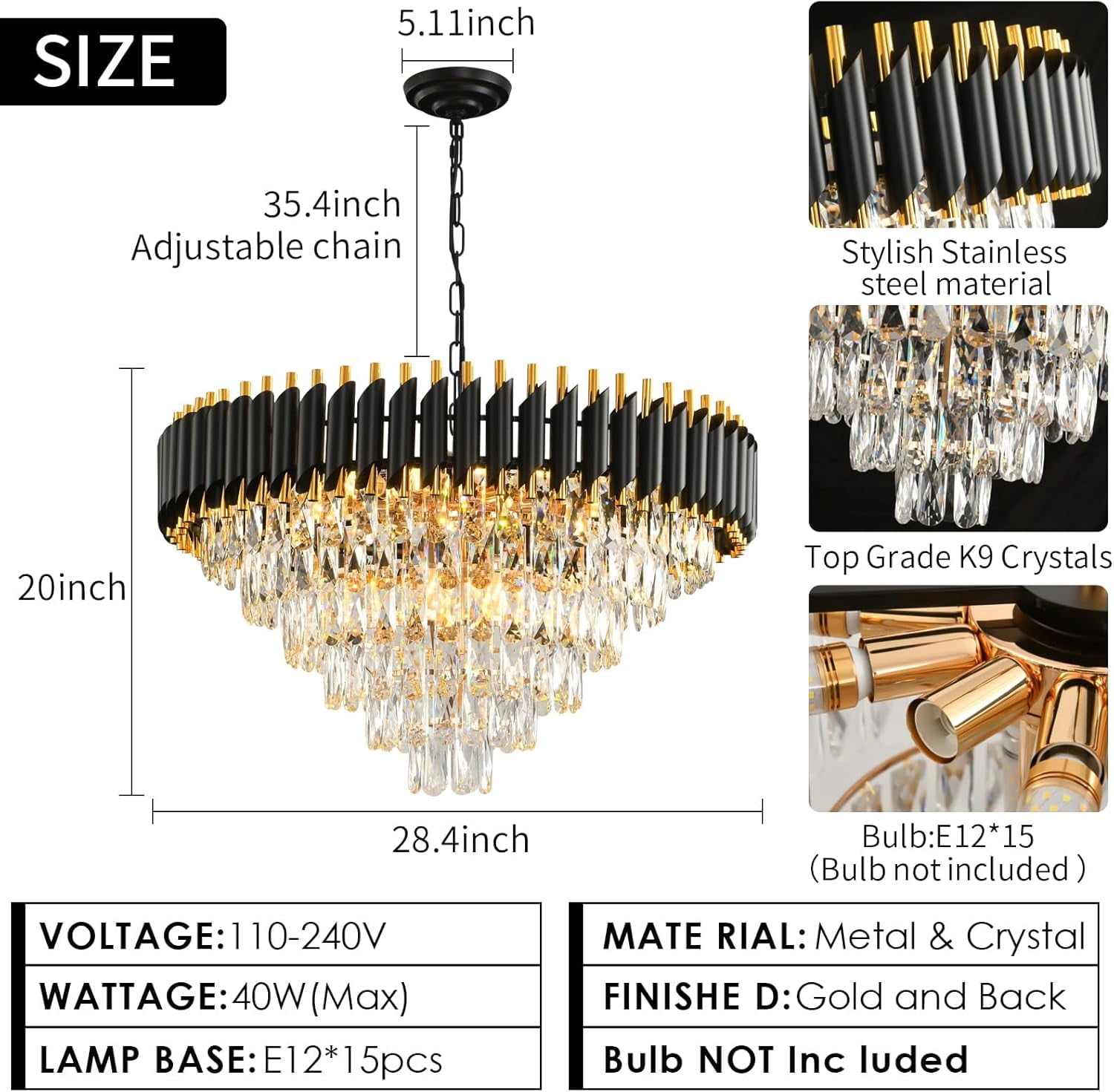 Modern Crystal Chandeliers for Dining Room 15-Light Black and Gold Chandelier Living Room Round 6 Tiers Contemporary Ceiling Hanging Light Pendant Light Fixture for Entryway Foyer Staircase W29”