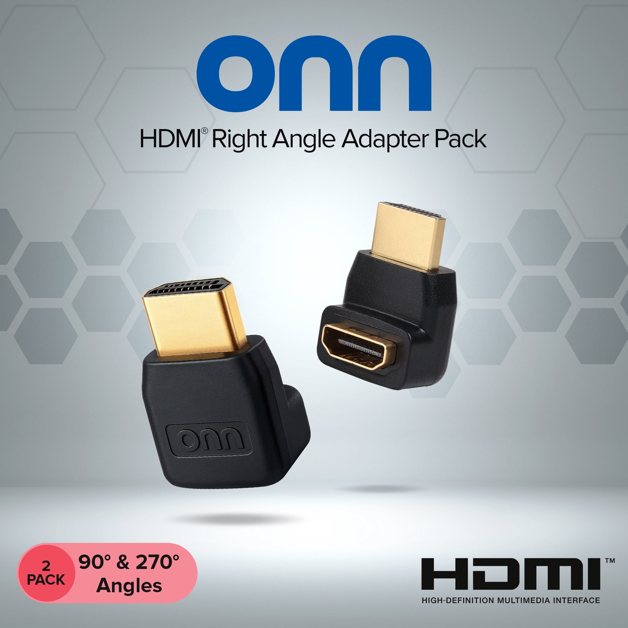 onn. HDMI Right Angle Adapter, 90° & 270° Male-to-Female HDMI Connectors, 4K -  60Hz, 18 Gbps, 2 Pack, Gold-Plated