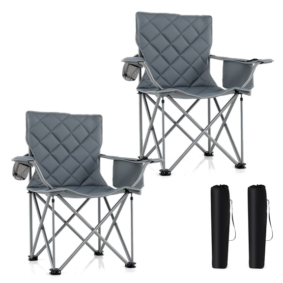Gymax 2PCS Oversized Camping Chairs Heavy Duty Outdoor Folding Chair w/Cooler Pouch Gray