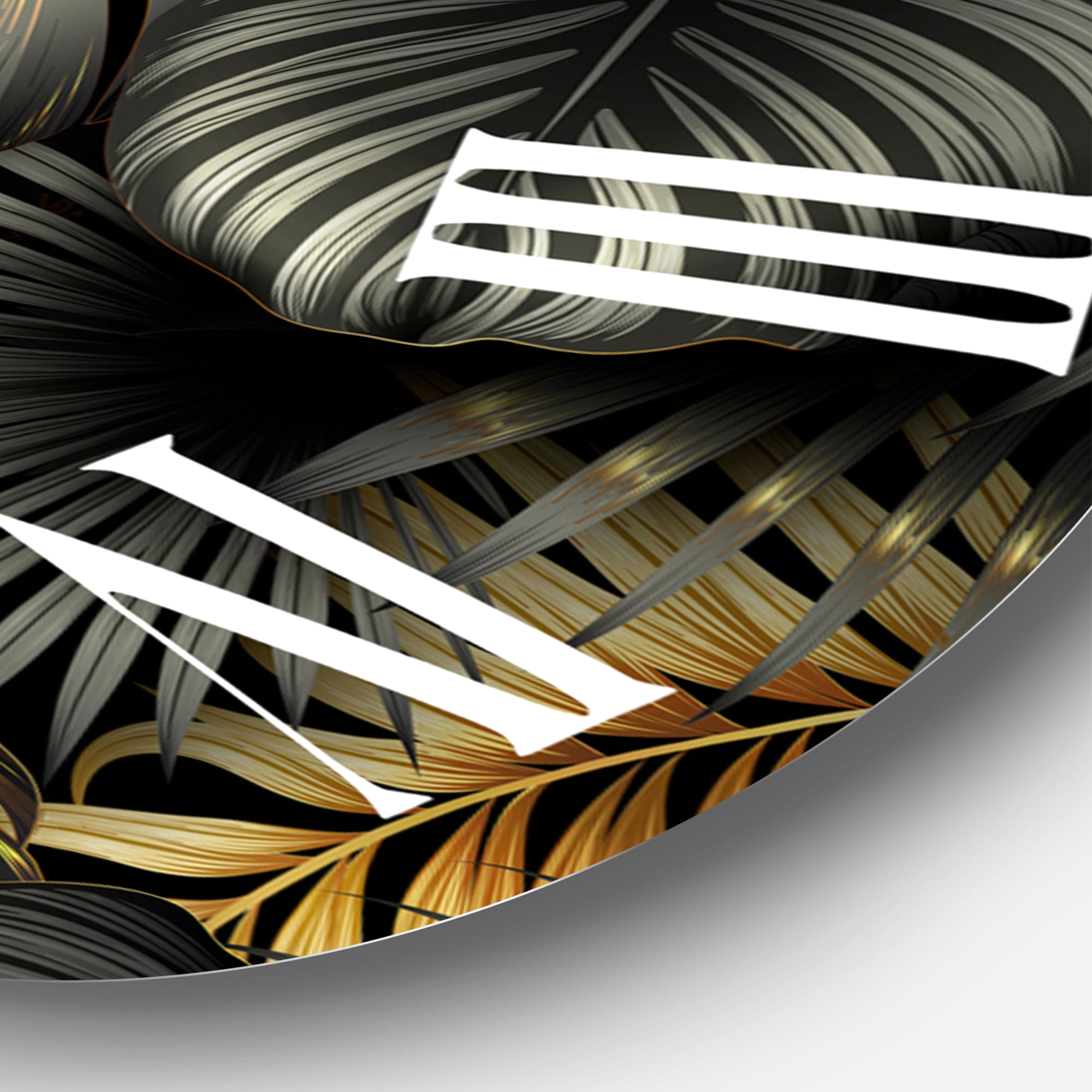 Designart 'Black And Gold Tropical Leaves Ii' Modern Wall Clock