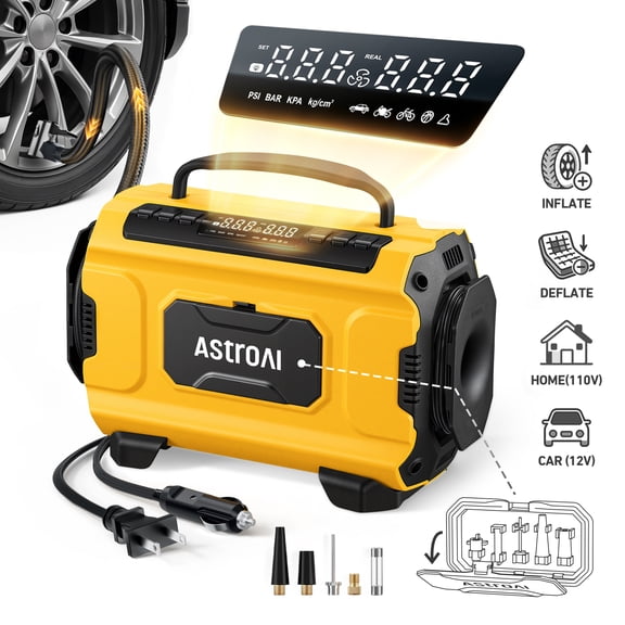 AstroAI Tire Inflator for Car/Home 12V DC/110V AC, 5-in-1 Portable Air Compressor 150 PSI Air Tire Pump with Accessories Storage, Auto Shut-off LED Light, Car Tires/Bicycle/Ball/Air Mattress