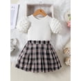 thumbnail image 2 of Suealasg 2Pcs Little Girl Summer Outfits 1T 2T 3T 4T 5T 6T Kids Clothes Set Ribbed Bubble Short Sleeve Tops with Plaid Print A-Line Skirt Set, 2 of 9