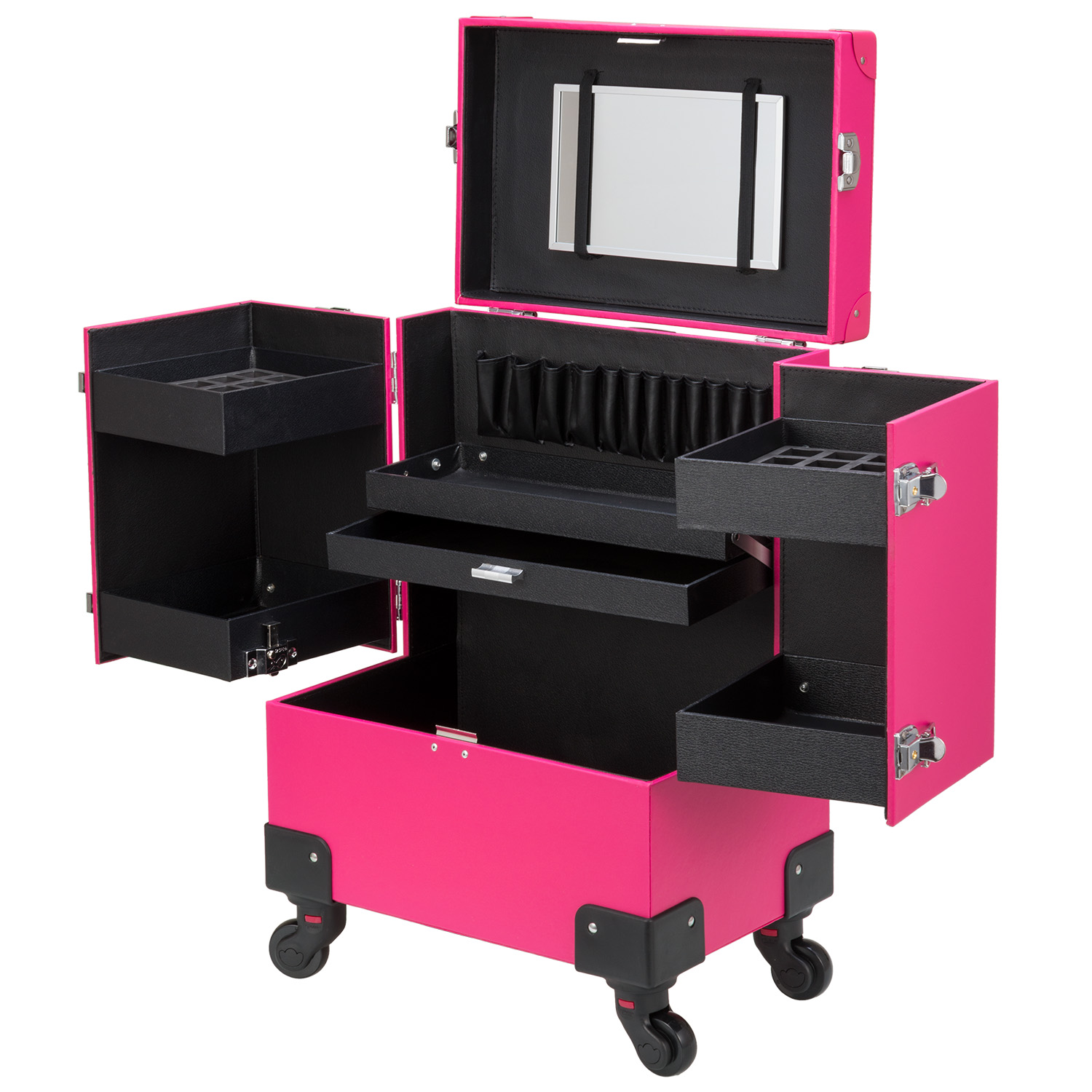 Ollieroo Rolling Wheels Makeup Train Case Lockable PU Artist Makeup Cosmetic Train Case,Rose-Pink - image 3 of 9
