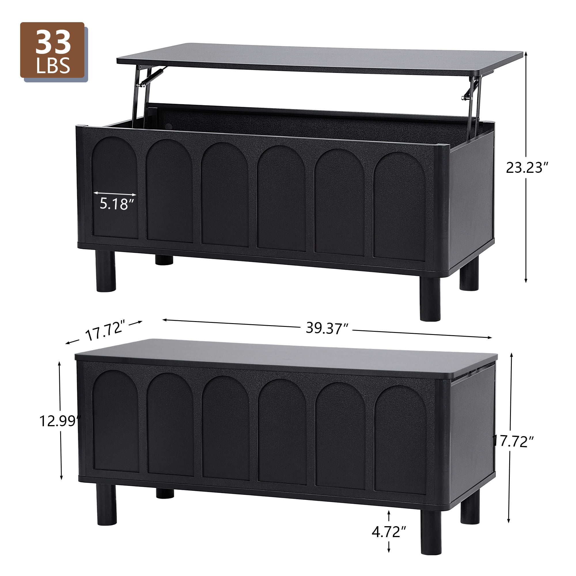 YOCWO Lift Top Coffee Table with Hidden Compartment & Storage Shelve, Arched Fluted Coffee Table for Living Room, Black