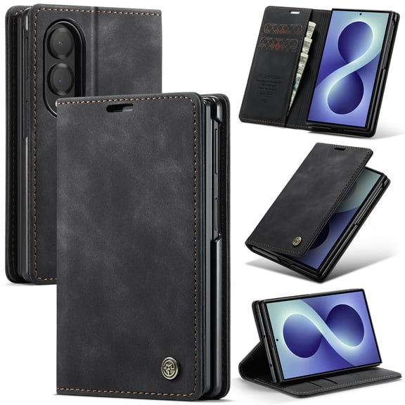 TECH CIRCLE for Samsung Galaxy Z Fold 8 Case, Retro Business Leather Wallet Card Holder & Cash Pocket Slim Cover with Kickstand Shockproof Protective Case,Black