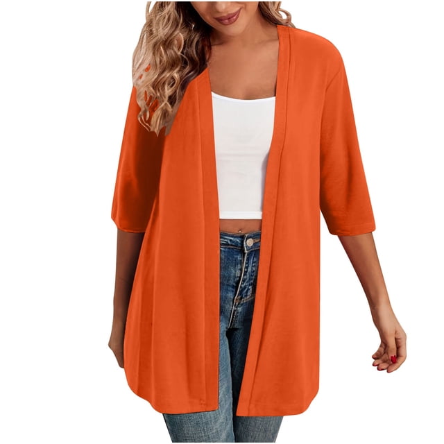breaise Cardigan Léger à devant Ouvert pour Femmes, Manches 3/4, Décontracté, Doux, Drapé, Cardigan d'Automne, Orange, P