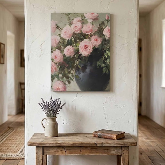 Pink Roses Canvas Wall Art for Living Room Bedroom Bathroom, Black Vase Floral Plant Romantic Canvas Art Wall Decor, Artwork for Walls Home Office Decor, 8"x10"