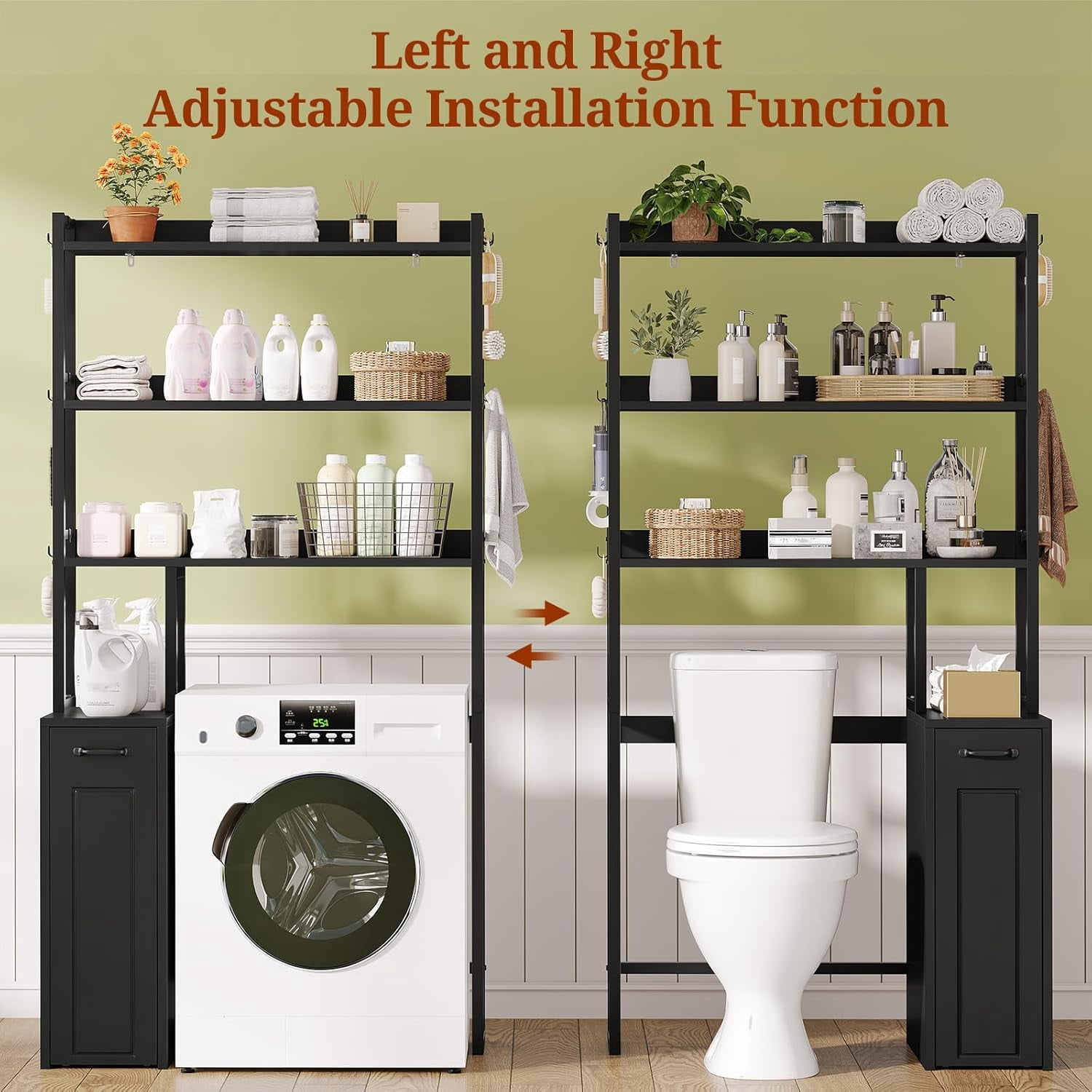 Weiplehoom Over the Toilet Storage Cabinet with Wheeled Drawer Trolley & 3-tier Open Shelves, Bathroom Organizer with 6 Hooks, Storage Rack for Restroom, Bathroom, Laundry, Plant Stand, Black