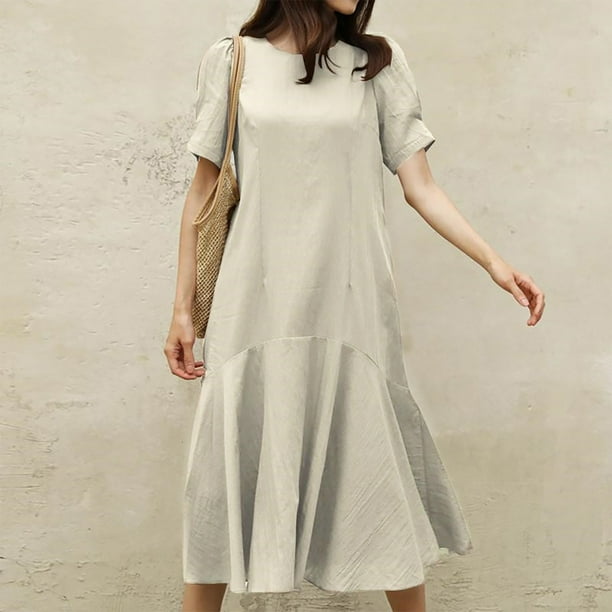Puntoco Vestido De Verano De Algodón Y Lino De Color Sólido Para Mujer Vestido De Manga Corta Con Cuello Redondo Caqui M,Regalos Para Mujer Joven