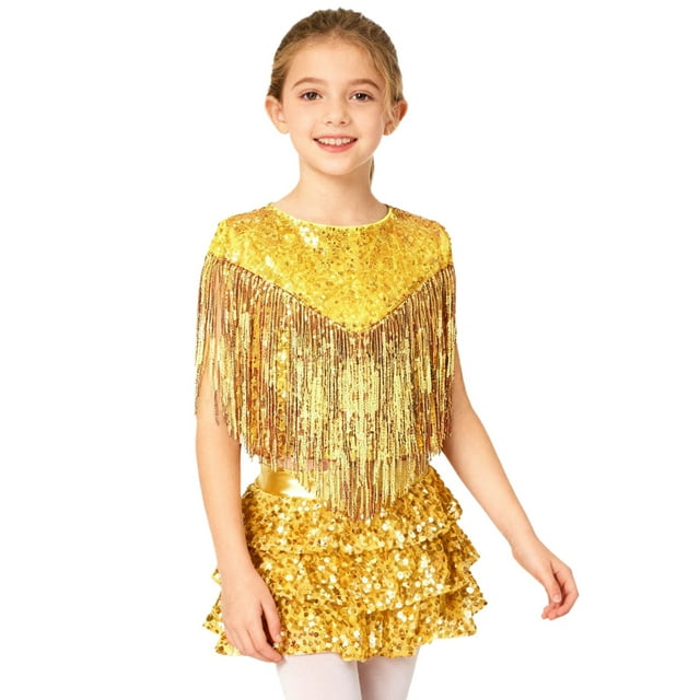 Manyakai Girls Metallic Gloss Shiny Sequins Disco Dance Sleeveless Tassels Top with Tiered Ruffle Gold 8