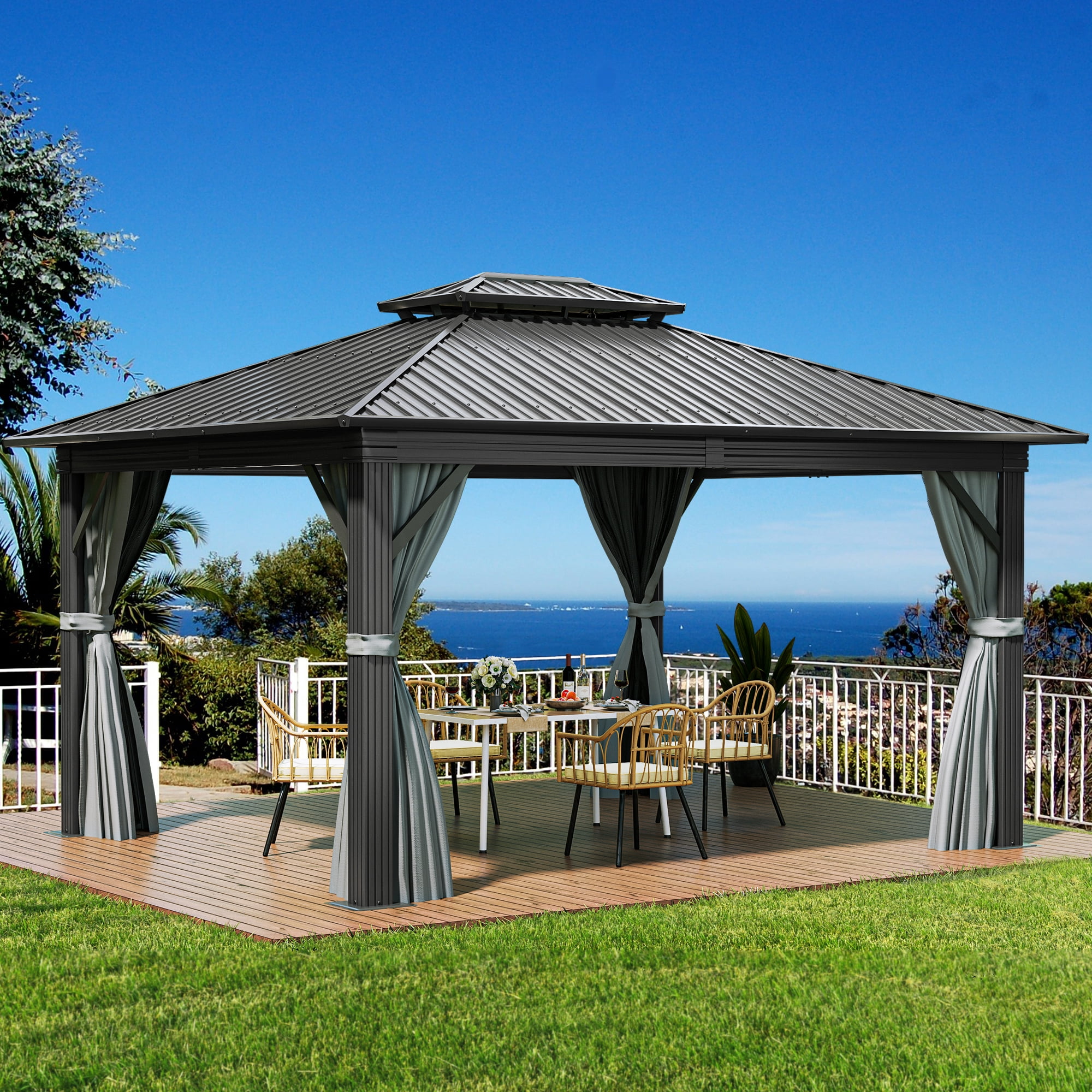 Dextrus 12x14ft Hardtop Gazebo with Nettings and Curtains, Heavy Duty Double Roof Galvanized Steel Outdoor Combined of Vertical Stripes Roof for Patio, Backyard, Deck, Lawns, Gray