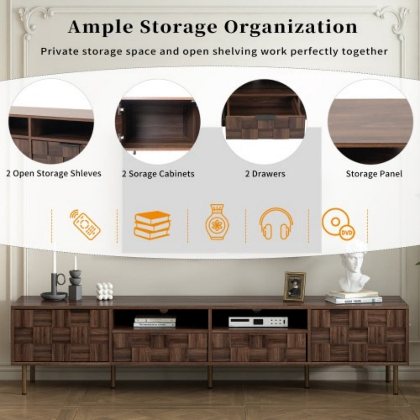 Mid Century TV Stand for 85 Inch TV, 78.7" Wood Media Console with 2 Drawers & Storage Cabinets, Entertainment Center with Cable Management for Living Room Bedroom Home Theater, Dark Brown