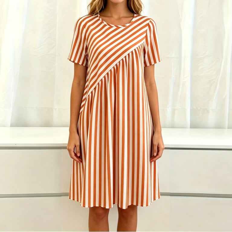 orange striped t shirt dress AKOEE Summer Dress for Women Striped Crewneck Short Sleeve T Shirt Dress Loose Fit Casual Flowy Short Dresses (xl, Orange), Women's