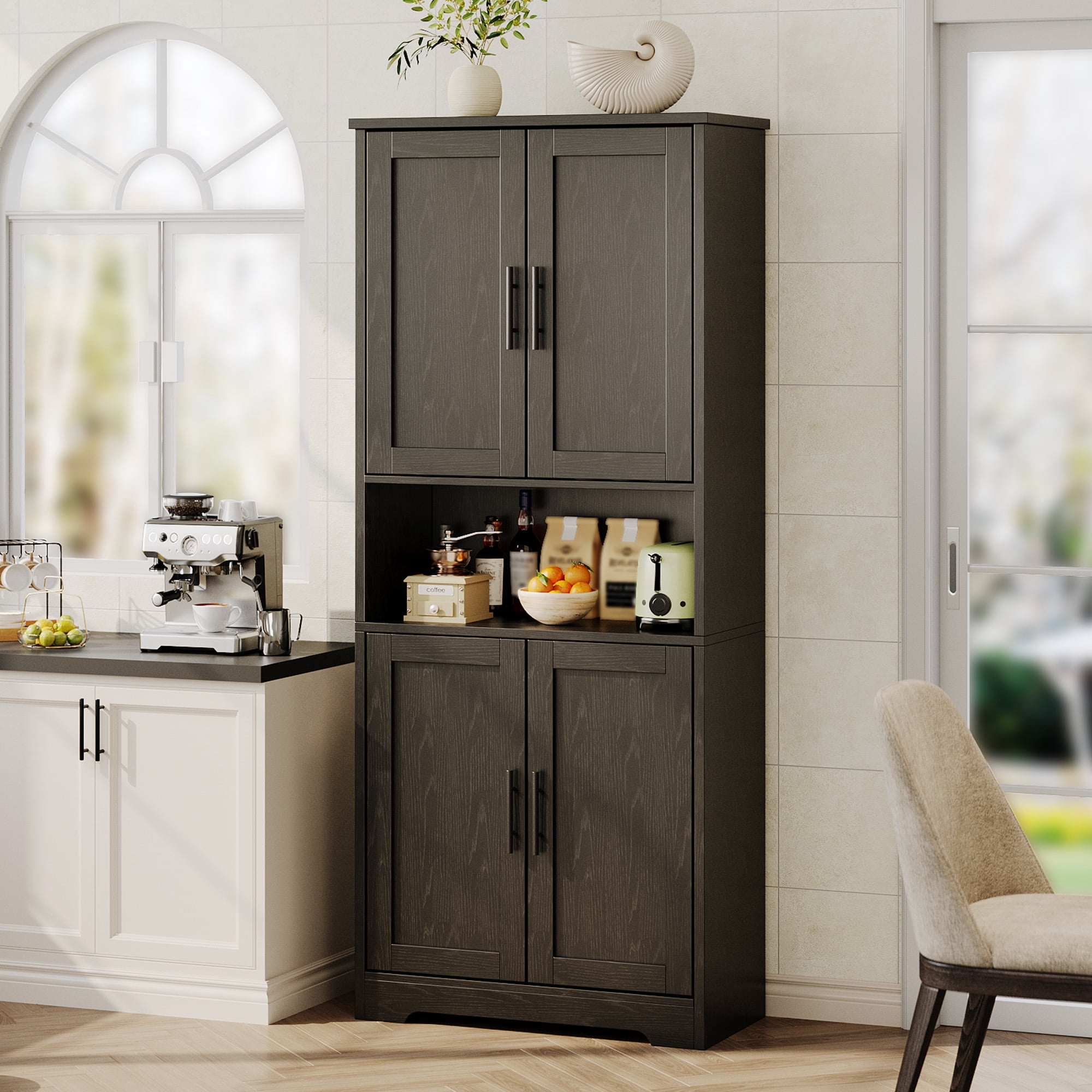 Tall Pantry Cabinet with 4 Doors - 70 Inch Freestanding Cupboard