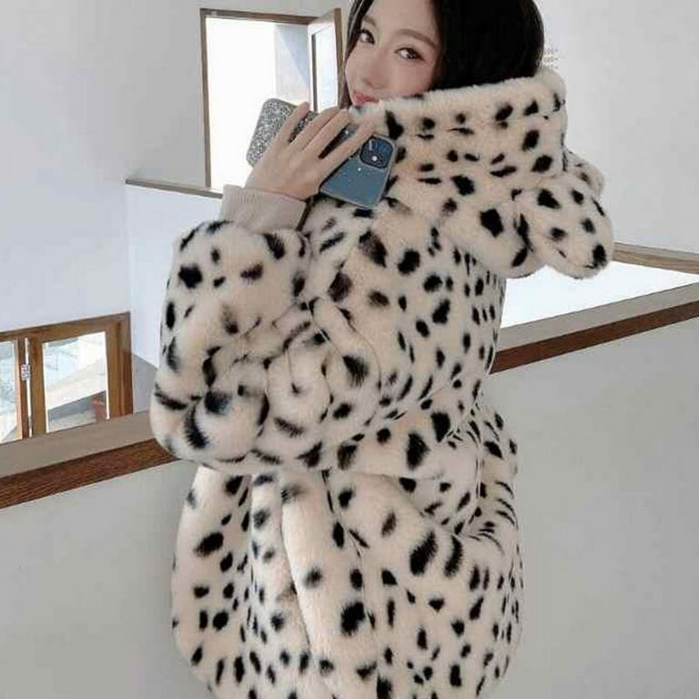 DanceeMangoo Winter Faux Fur Hooded Coat Women Korean Cute Leopard