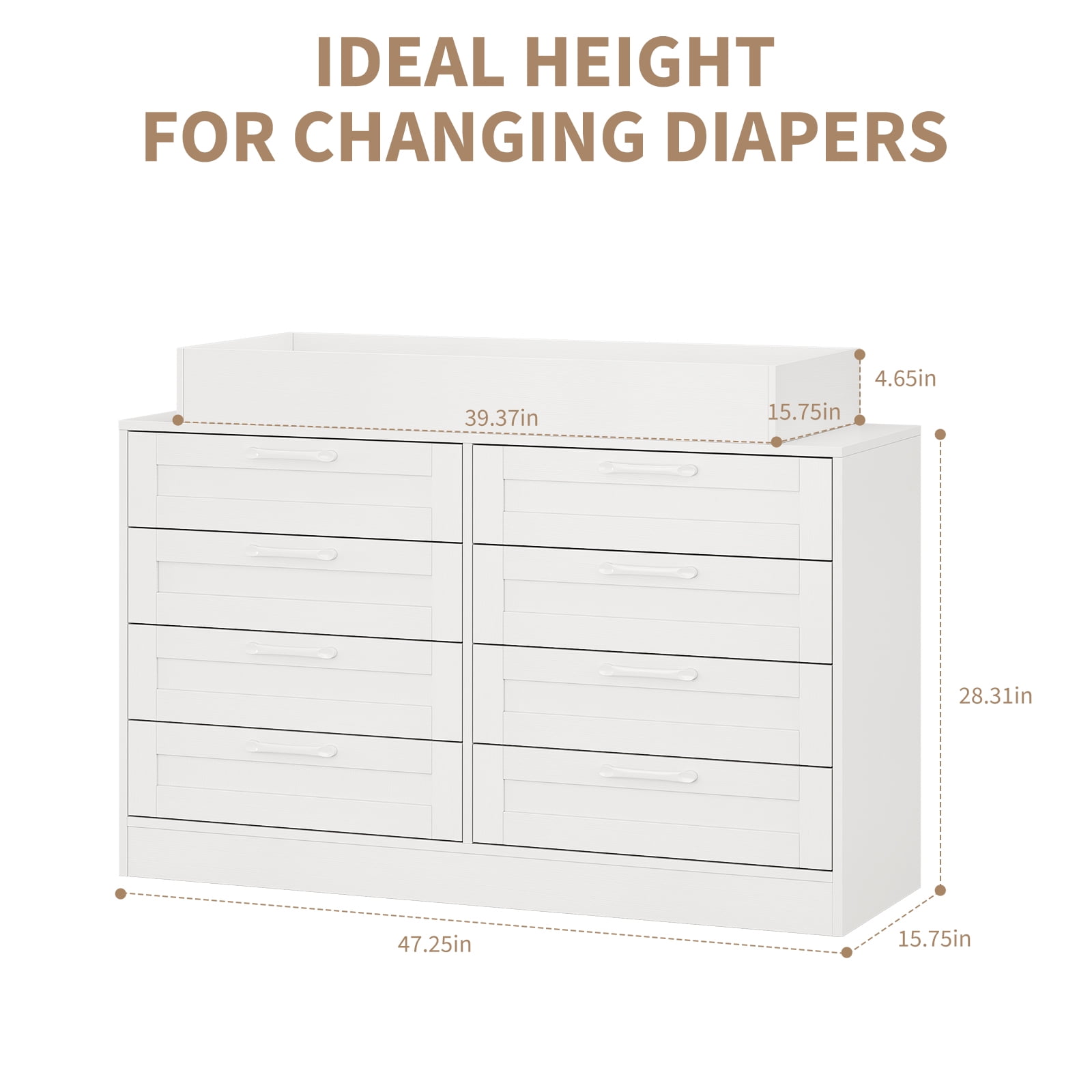 Baby Changing Dresser w/Power Outlet & Safety Rail, 8-Drawer Storage Organizer, Convertible Nursery Dresser with Anti-Tip Strap