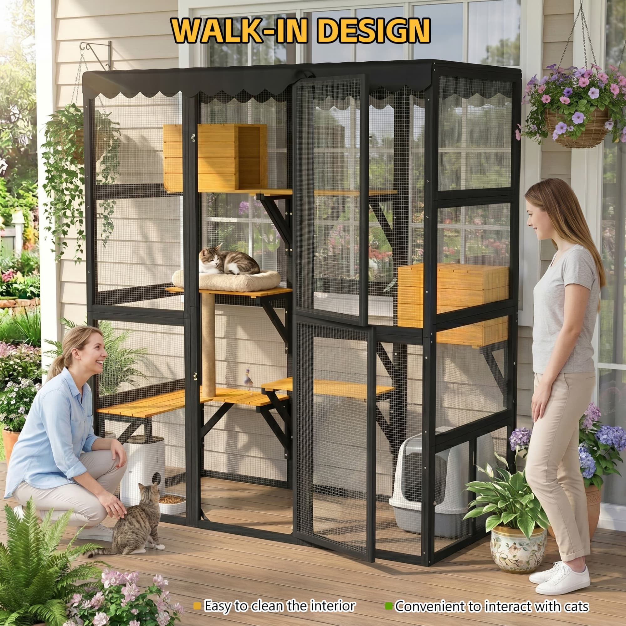 GYSIBAPO Large Wooden Catio Outdoor Cat Enclosure, Walk-in Cat House with 2 Condos, 5 Platforms, 4 Doors & Weatherproof Roof