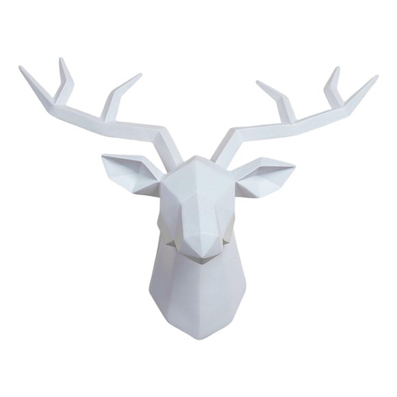 3D Resin Deer Head Sculpture Animal Statue Figurines Wall Mount Modern Elk Ornament Geometrical Antlers Statuette for Bedroom Home Decor White