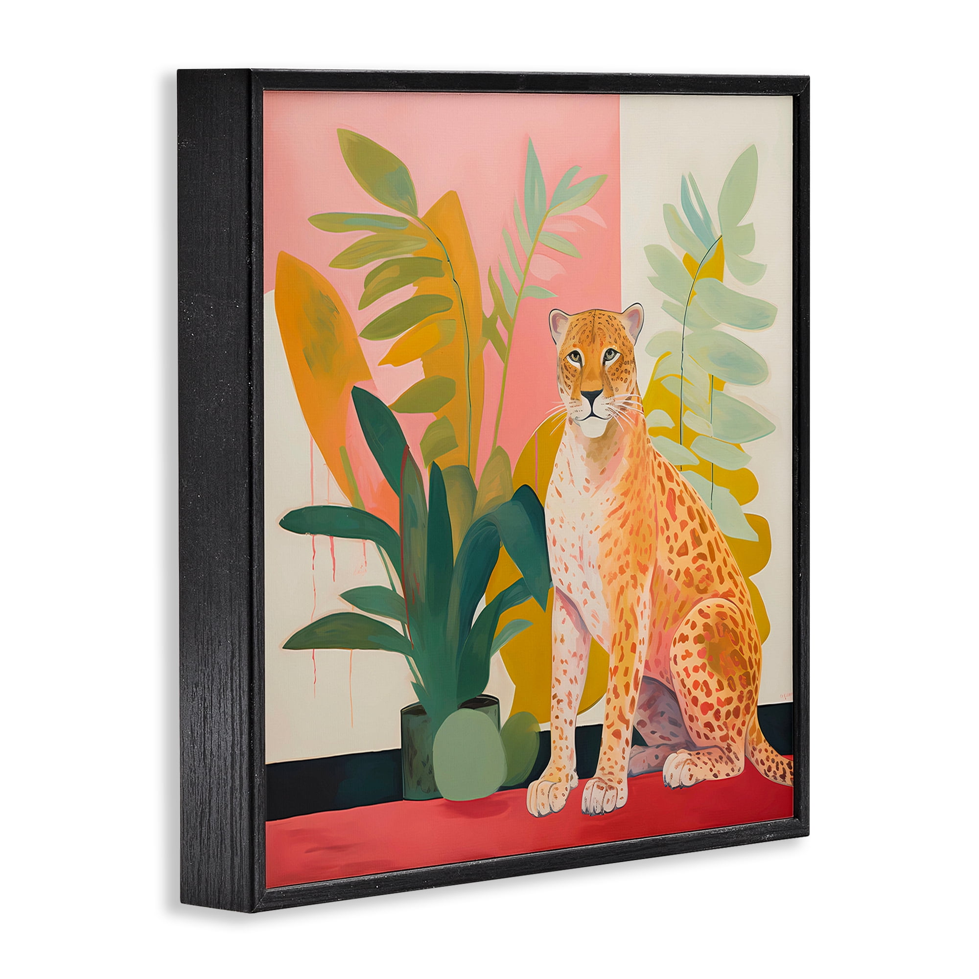 Stupell Industries Leopard Sitting with Plants Animals & Insects Painting Black Framed Art Print Wall Art, 17 x 17