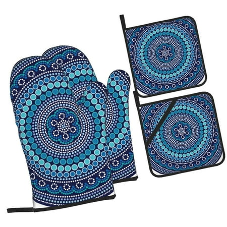 

Zeuib Dot Painting Oven Mitts and Potholders BBQ Gloves Kitchen Oven Glove High Heat Resistant 500 Degree Extra Long Oven Mitts and Potholder with Non-Slip Silicone Surface for Cooking