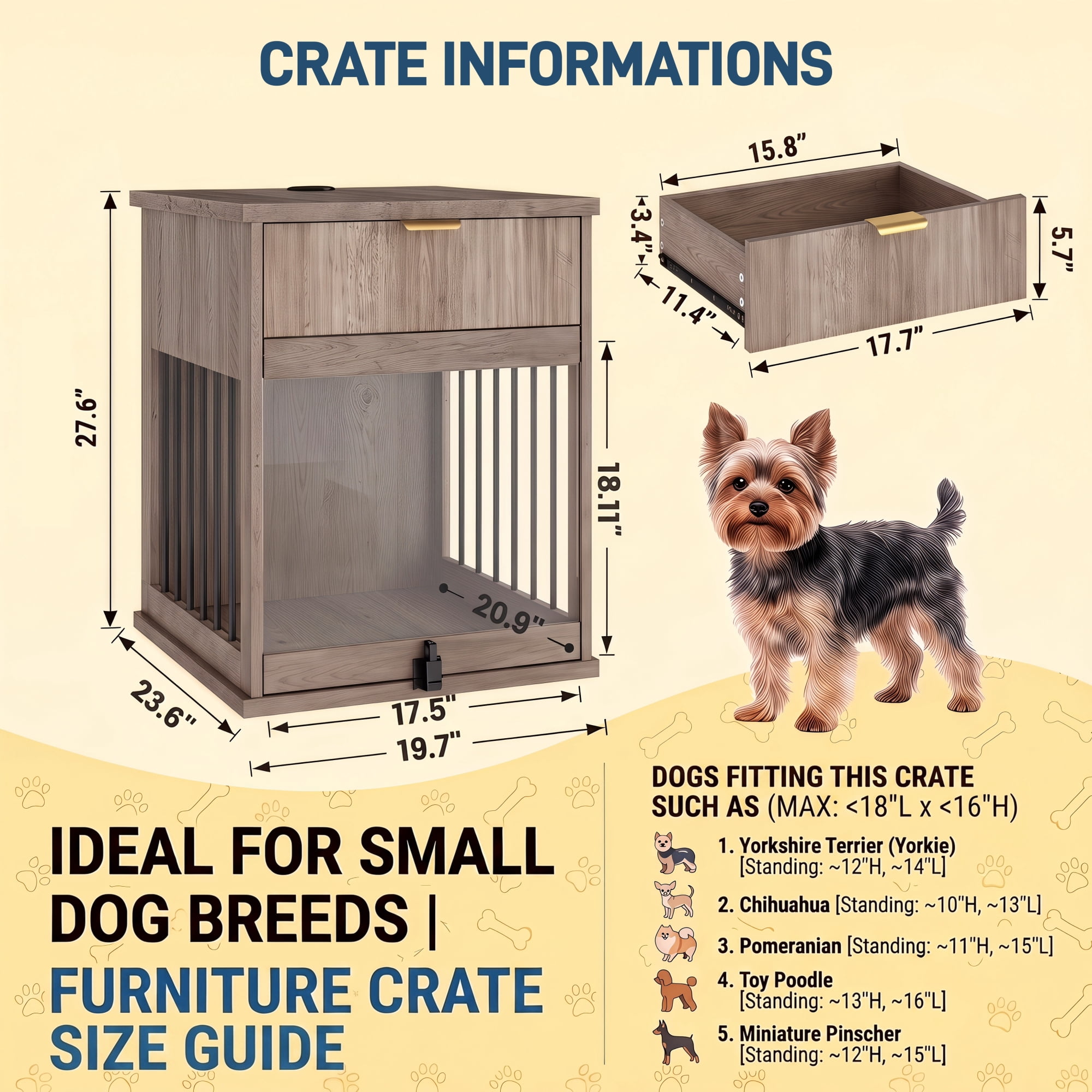 Leumius Dog Crate End Table with Charging Station,Wooden Dog Kennel Furniture with Hideaway Tempered Glass Door, Multi-Functional Pet Station Side Table,Grey