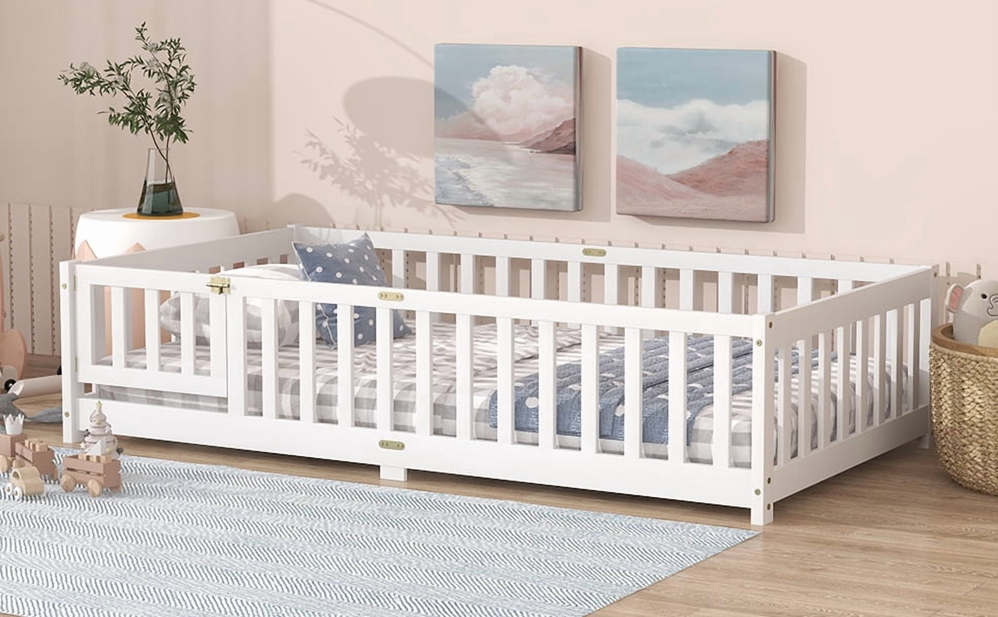 Twin Size Floor Bed with Fence and Door,Rubber Wood Floor Bed with Safety Guardrails,White