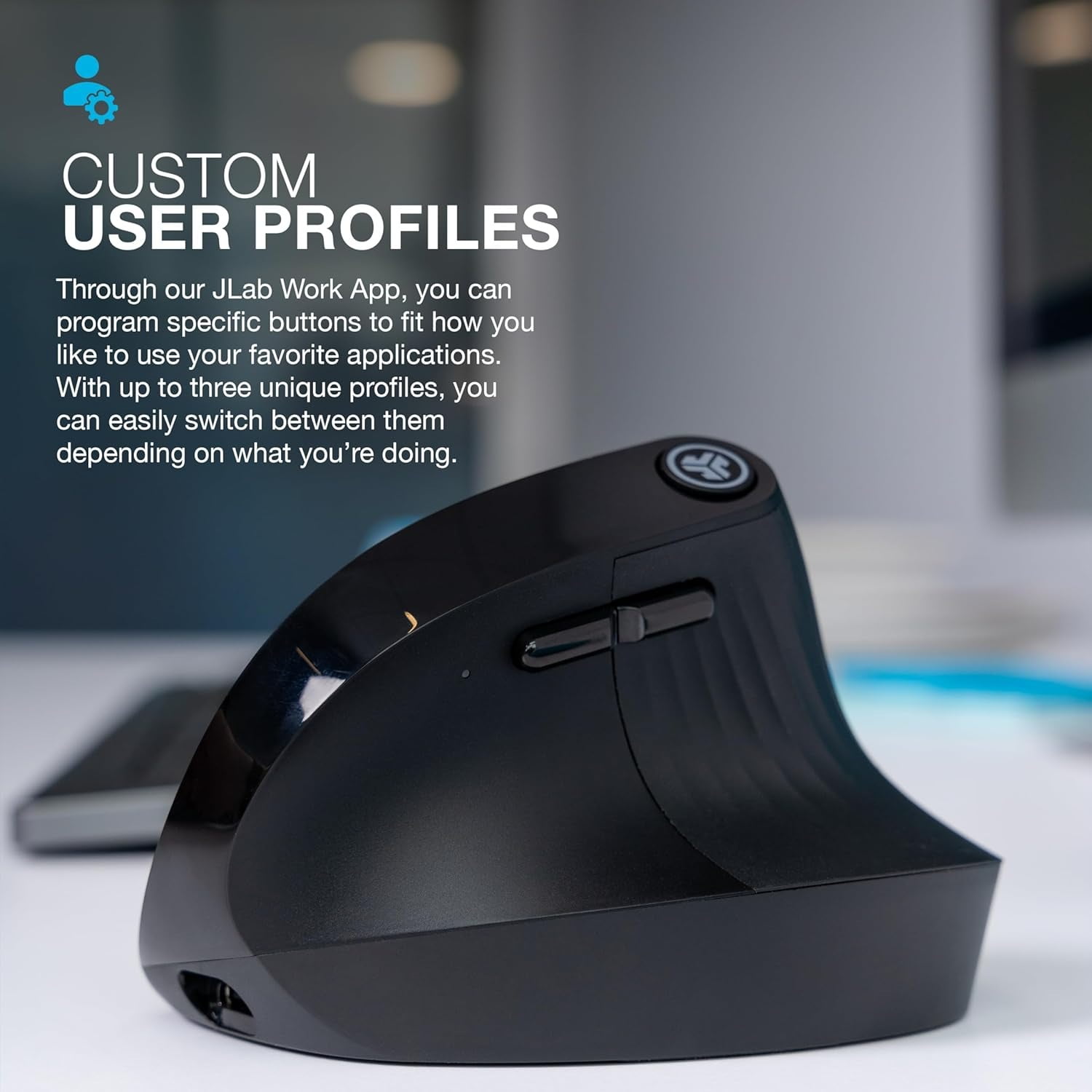 JLab JBuds 2.4G Wireless, Bluetooth Vertical Ergonomic Optical Mouse, 1200 / 1600 / 2000 / 2400 DPI, 7 Buttons for Laptop, Desktop, PC, Macbook - Black