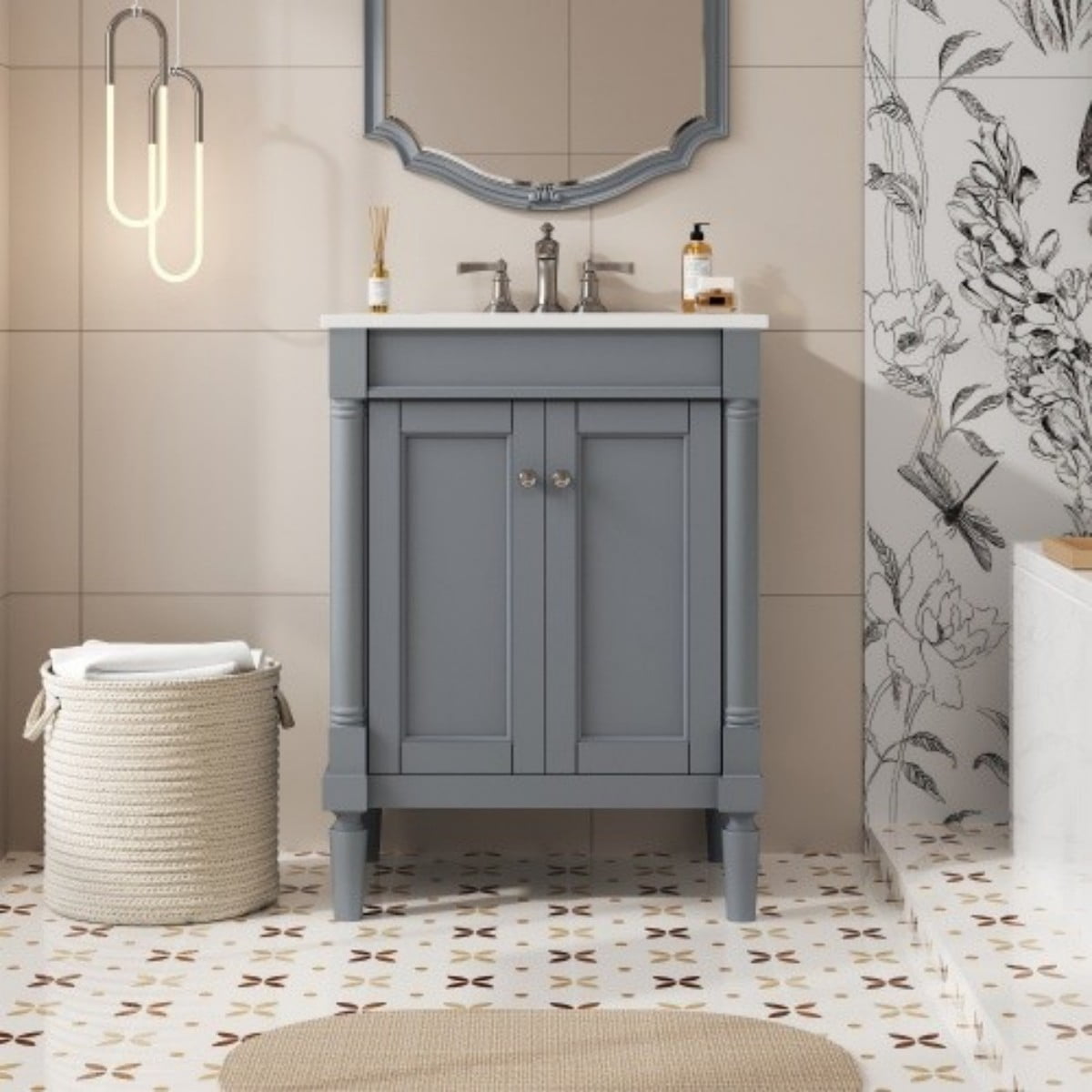 24" Bathroom Vanity with Sink, Modern Bathroom Vanity Cabinet with Ceramic Top Sink, Freestanding Storage Cabinet with 2 Doors, Solid Wood Frame, Grey