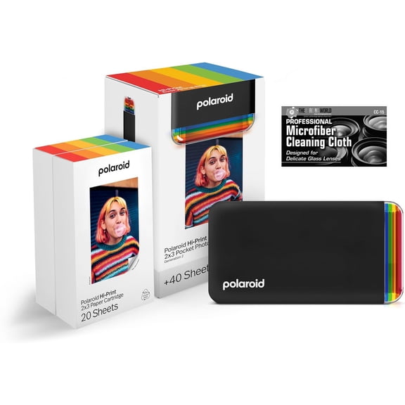 Polaroid Hi-Print - Bluetooth Connected 2x3 Pocket Phone Photo Printer Black with 2 Polaroid HiPrint 2x3 Paper Cartridges 40 Sheets   Microfiber Cloth