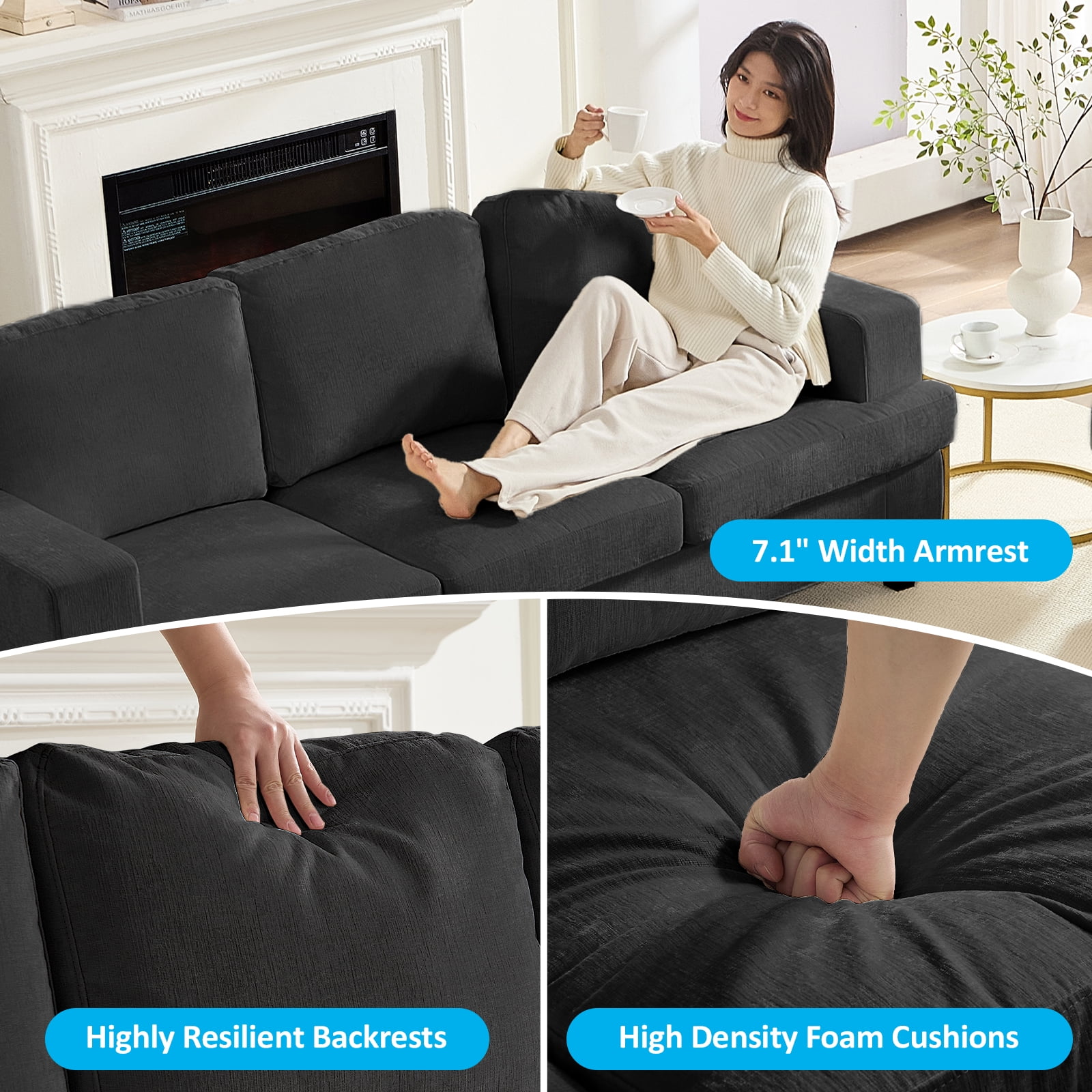Puremind 3 Piece Living Room Furniture Sets, Modern Chenille Sofa Set for Living Room/Small Spaces, Sofa, Loveseat and Armchair, Dark Gray