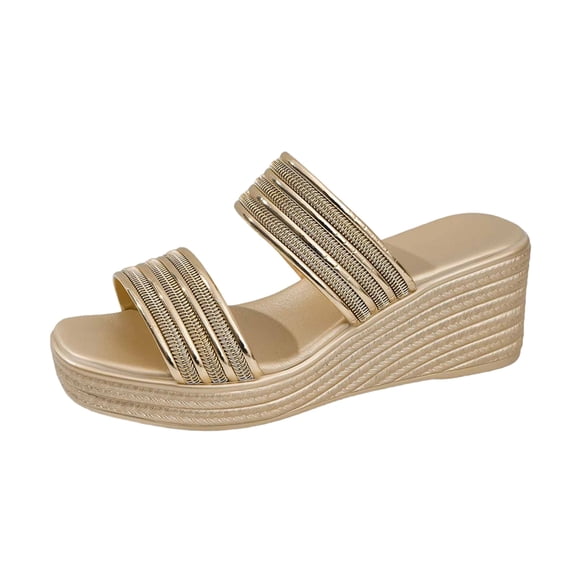Gold Women'S Peep Toe Wedge Slippers Open-Toe Thick Sole Casual Comfortable For Spring Summer