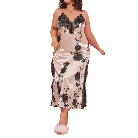 

Sexy Floral Spaghetti Strap Slip Dress Apricot Sleeveless Plus Size Nightgowns & Sleepshirts