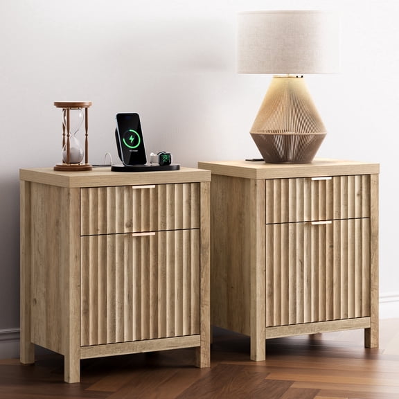 ARKANTOS Nightstand Set of 2 with USB Charging Station, 2 Drawer Modern Bedside Tables, Coastal Oak