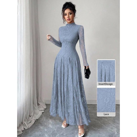 Elegant Dusty Blue High Neck Sheer Floral Lace Long Sleeve Maxi Dress