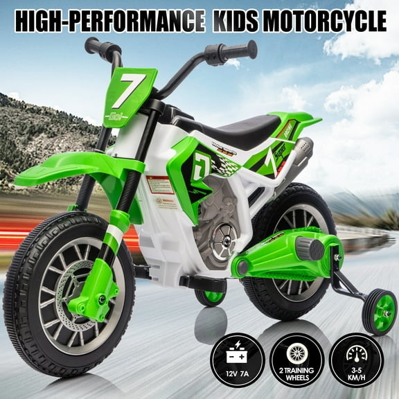 Green 12V Kids Ride On Motorcycle Dirt Bike with High/Low Speeds,Training Wheels, Spring Suspension
