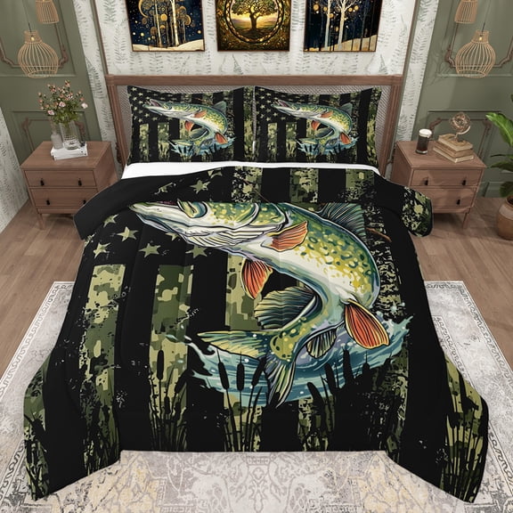 Feelyou Rustic Bass Fish Bedding Comforter Set, Green Camo American Flag Twin Comforter Sets, Hunting and Fishing Reversible Bedding Set, Breathable Home Decor, 2-Piece