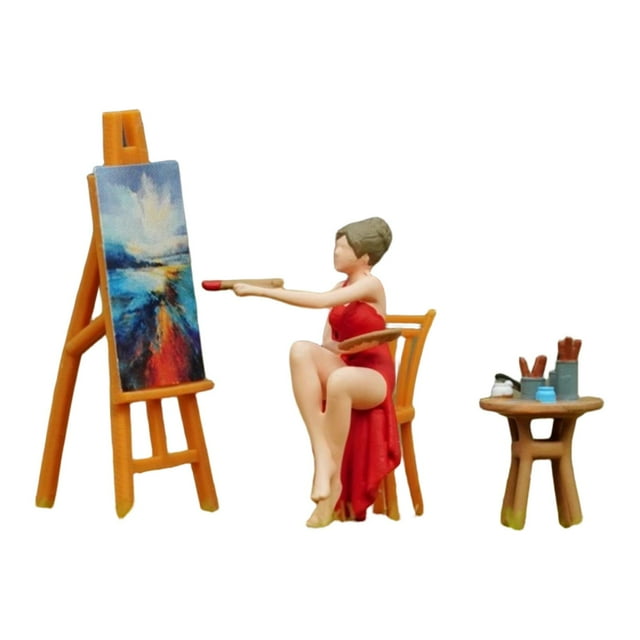 Figuras de niña en miniatura con caballete y mesa de arte pintadas para escena en miniatura 1 64