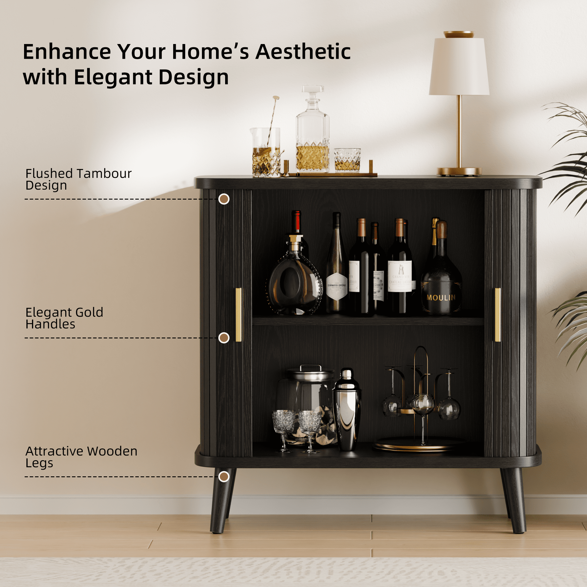Laintene Buffet Cabinet with Storage, 31" Kitchen Sideboard with 2 Sliding Tambour Doors, Fluted Storage Cabinet with Adjustable Shelves, Entryway Cabinet for Living Room, Black