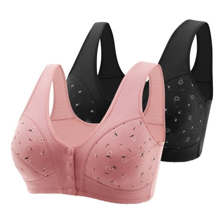 2PC Womens Bras Comfortable Bra Everyday Bras Women s Wireless Bras 2PC Women Middle-Aged and Elderly Printed Front Buckle without Steel Ring Underwear Soft Cotton Large Size Underwear Bra