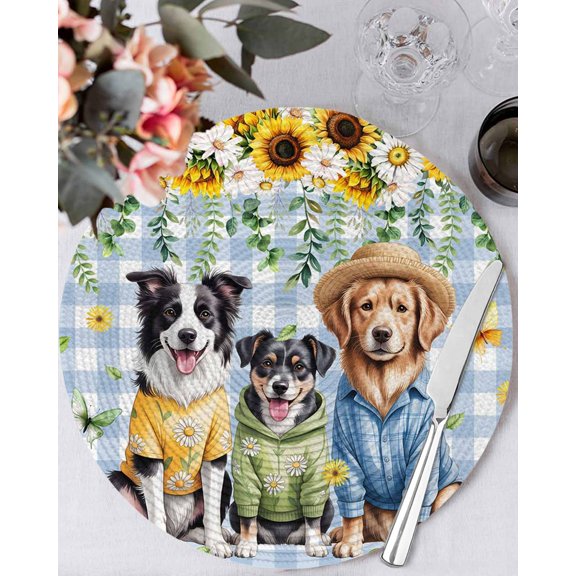 15 Inch Round Placemats Set of 6, Spring Dog Non Slip Heat Insulation PP Table Mats, Sunflower Daisy Botanical Blue Plaid Washable Place Mats for Kitchen Dining Party Table Decor