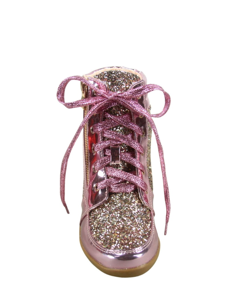 Peggy-44 Women's Glitter Metallic Lace Up Low Top Low Wedge