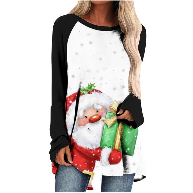 Camiseta de manga larga con cuello redondo y estampado navideño para mujer Pompotops qwe24221