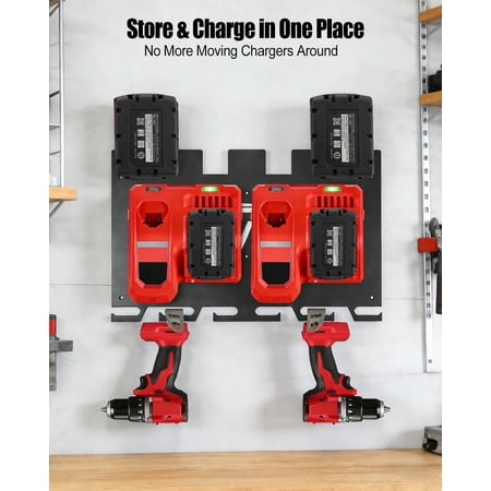 3-in-1 Wall Mount Rack for Milwaukee 18V Battery Packs and 2x M12-18C/2x M12-18FC/1x M18 DFC Charger and Power Tool- Heavy Duty Metal Tool Organizer$$Tools & Hardware Other