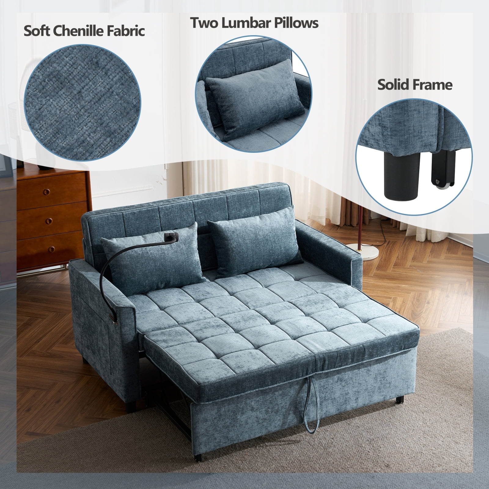 Harper & Bright Designs Loveseat with Pull Out Bed, Convertible Tufted Sleeper Sofa Bed with Adjustable Backrest, Chenille Pull-Out Bed with USB Charging Ports for Apartments Small Spaces, Blue