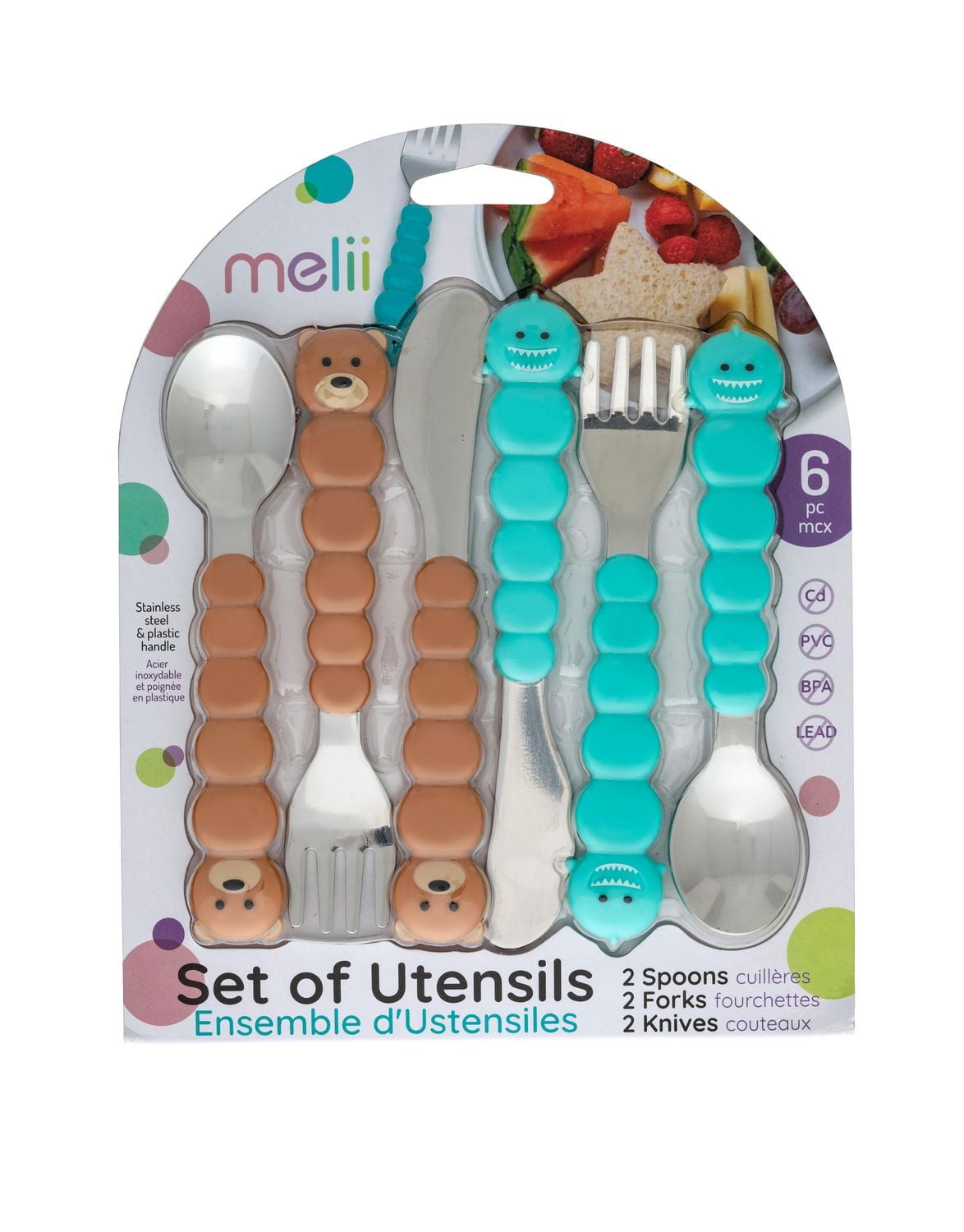 melii Spoon, Fork & Knife Set, Stainless Steel – Bulldog, Cat, Shark, Bear – BPA Free, Dishwasher safe