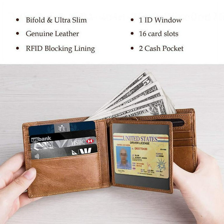 Men's wallet Multifunctional leather slim wallet with credit card holder,  receipt pocket and ID window. Minimalist men's wallet ,Black 