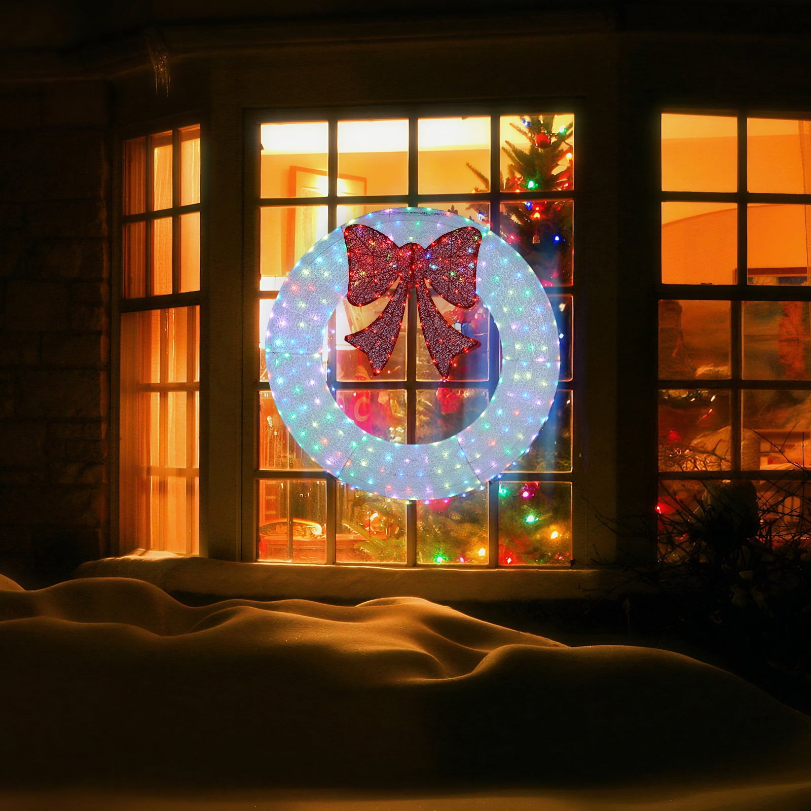 36in Pre-lit Outdoor Christmas Wreath Decoration, Lighted Metal Wreath with Red Bow, Remote Control LED Lights with Timer, for Front Door Gate Wall Indoor Outdoor Holiday Party, White